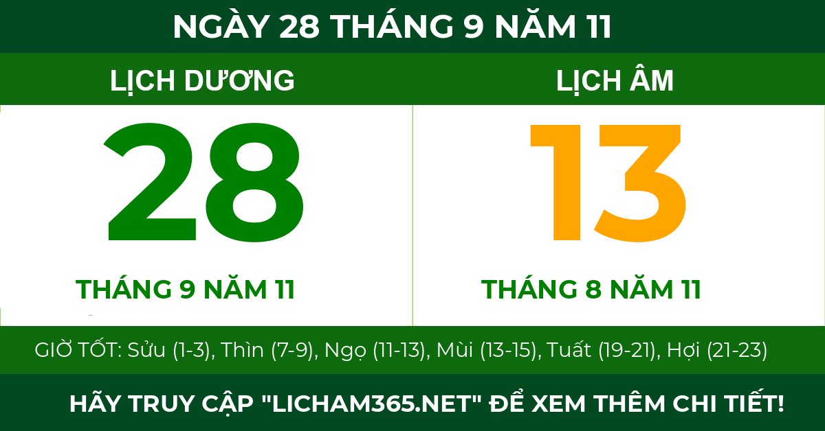 lịch âm ngày 28 tháng 9 năm 11