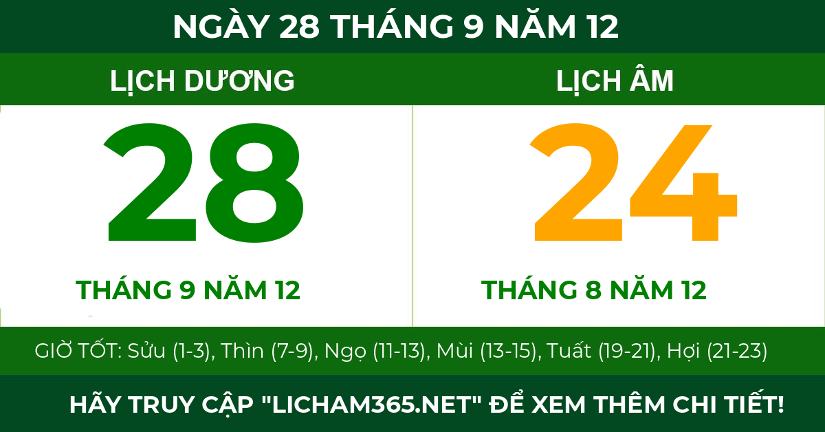 lịch âm ngày 28 tháng 9 năm 12