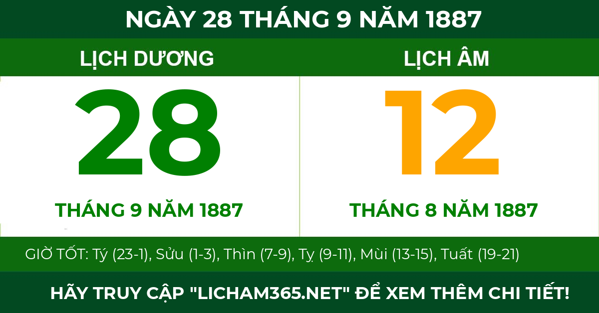 lịch âm ngày 28 tháng 9 năm 1887