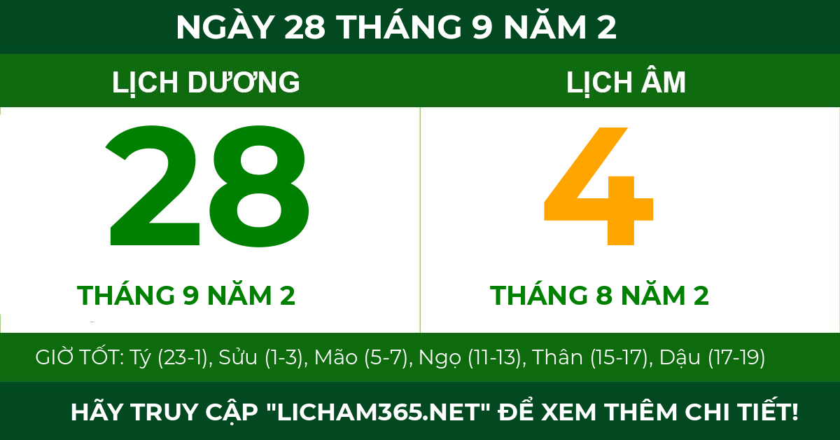 lịch âm ngày 28 tháng 9 năm 2