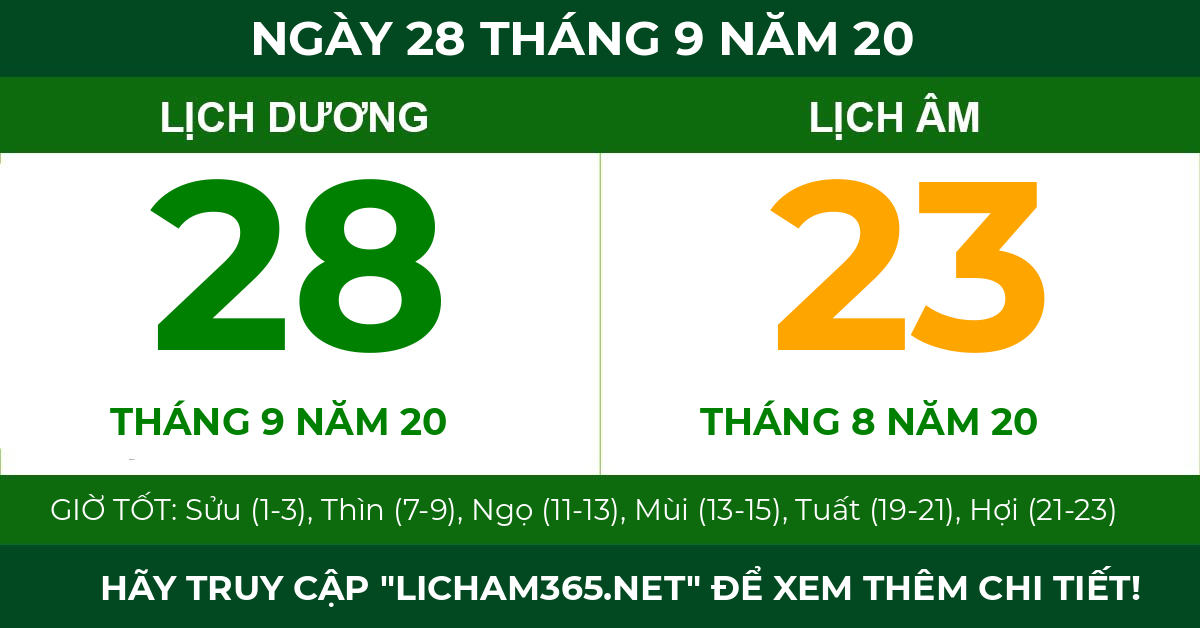 lịch âm ngày 28 tháng 9 năm 20