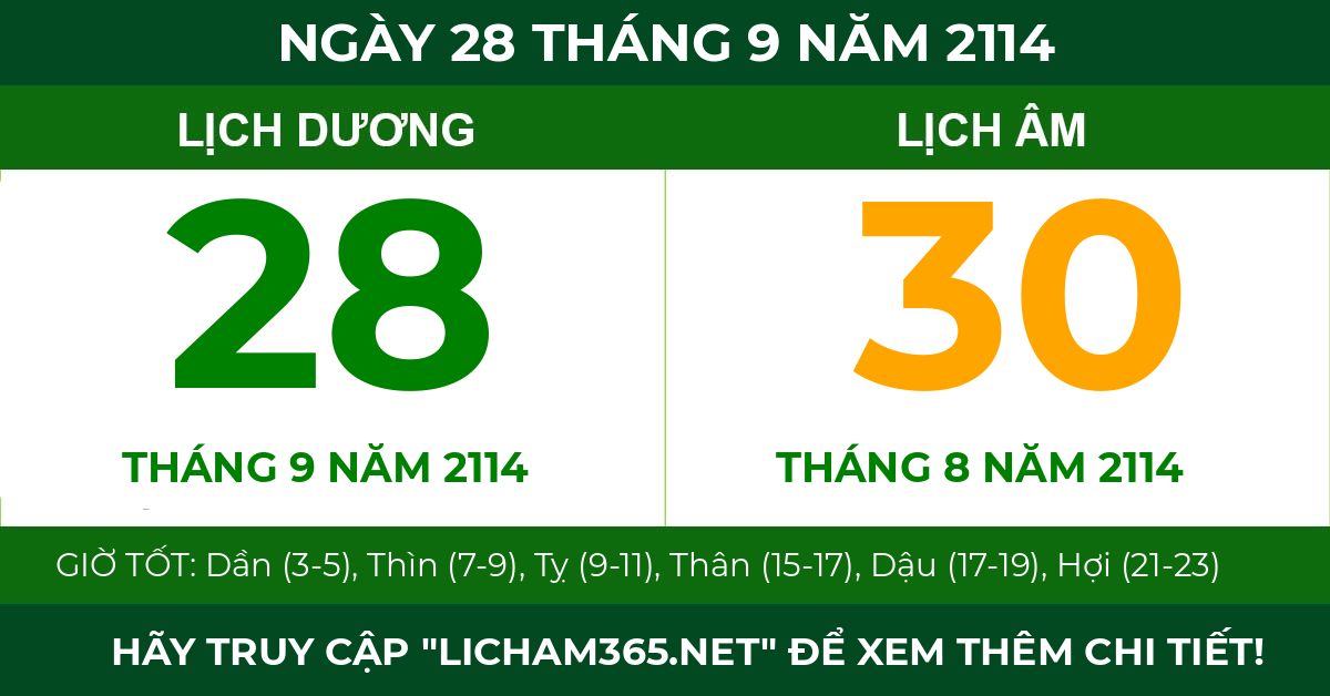 lịch âm ngày 28 tháng 9 năm 2114