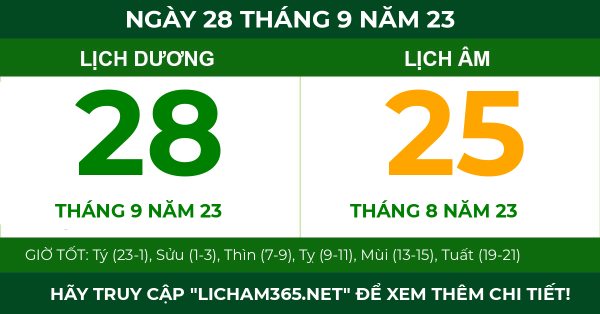 lịch âm ngày 28 tháng 9 năm 23
