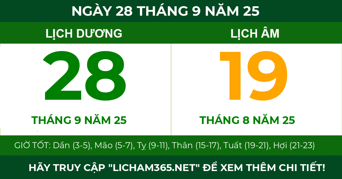 lịch âm ngày 28 tháng 9 năm 25