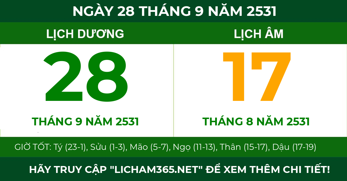 lịch âm ngày 28 tháng 9 năm 2531