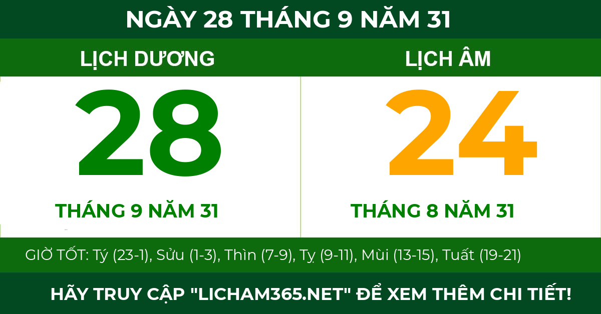 lịch âm ngày 28 tháng 9 năm 31