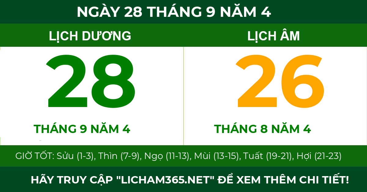 lịch âm ngày 28 tháng 9 năm 4