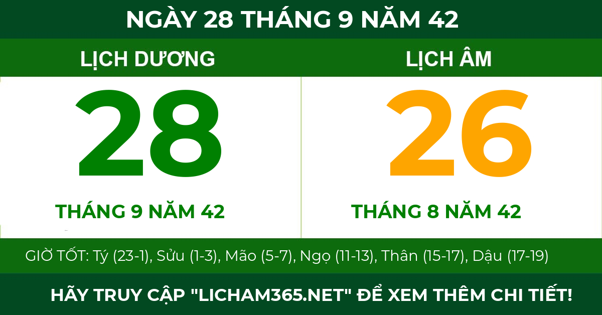 lịch âm ngày 28 tháng 9 năm 42