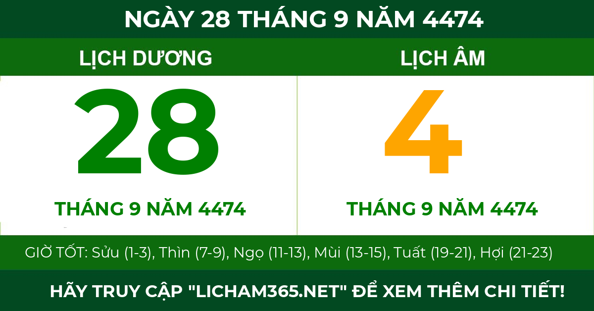 lịch âm ngày 28 tháng 9 năm 4474