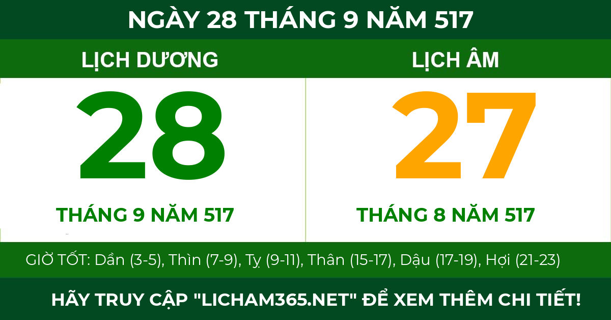 lịch âm ngày 28 tháng 9 năm 517