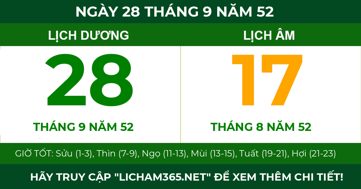lịch âm ngày 28 tháng 9 năm 52