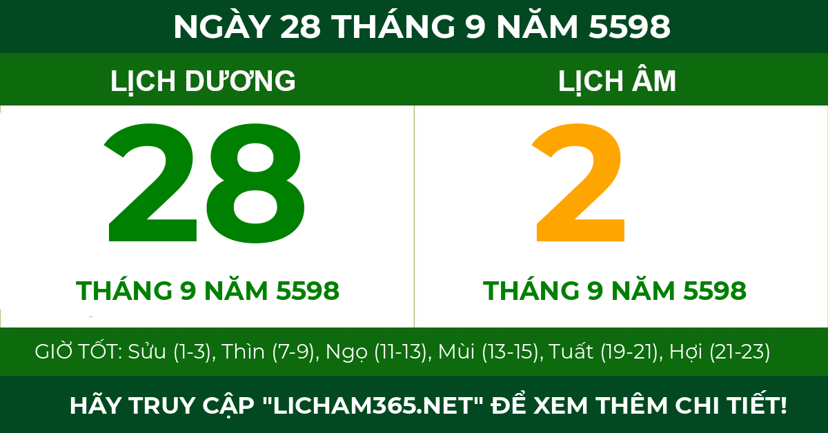 lịch âm ngày 28 tháng 9 năm 5598