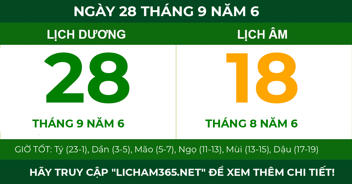 lịch âm ngày 28 tháng 9 năm 6