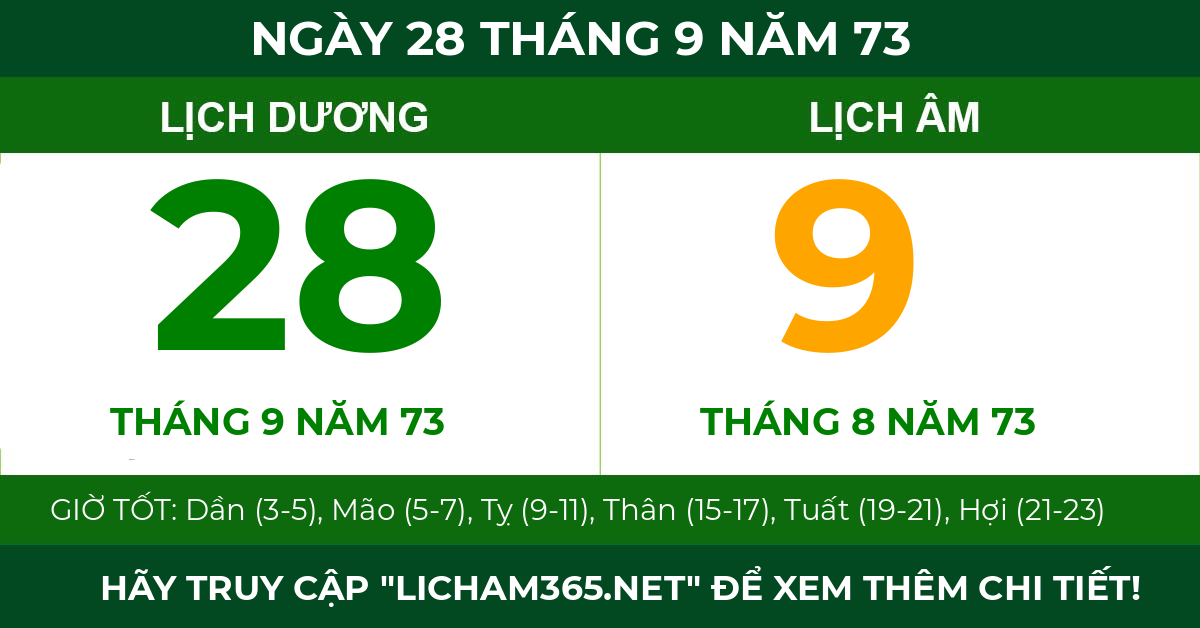 lịch âm ngày 28 tháng 9 năm 73