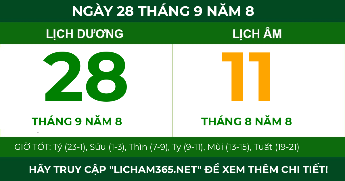 lịch âm ngày 28 tháng 9 năm 8