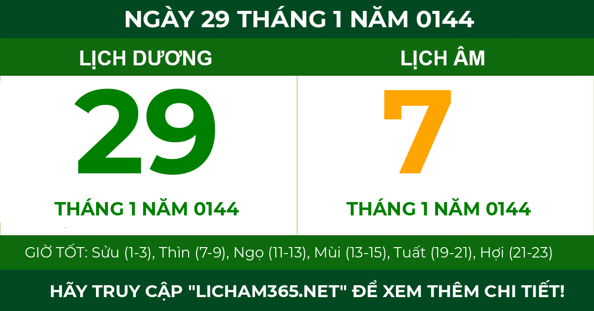 lịch âm ngày 29 tháng 1 năm 0144