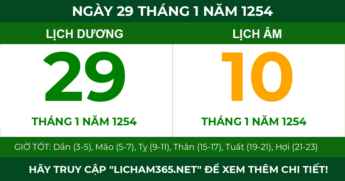 lịch âm ngày 29 tháng 1 năm 1254