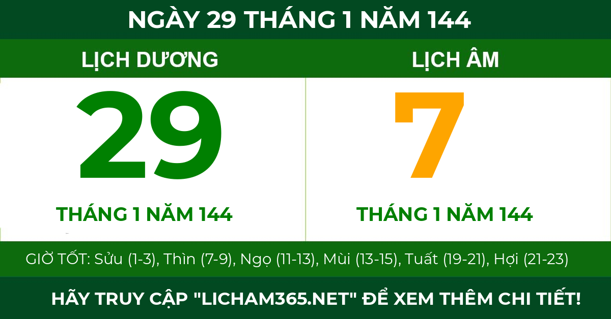 lịch âm ngày 29 tháng 1 năm 144