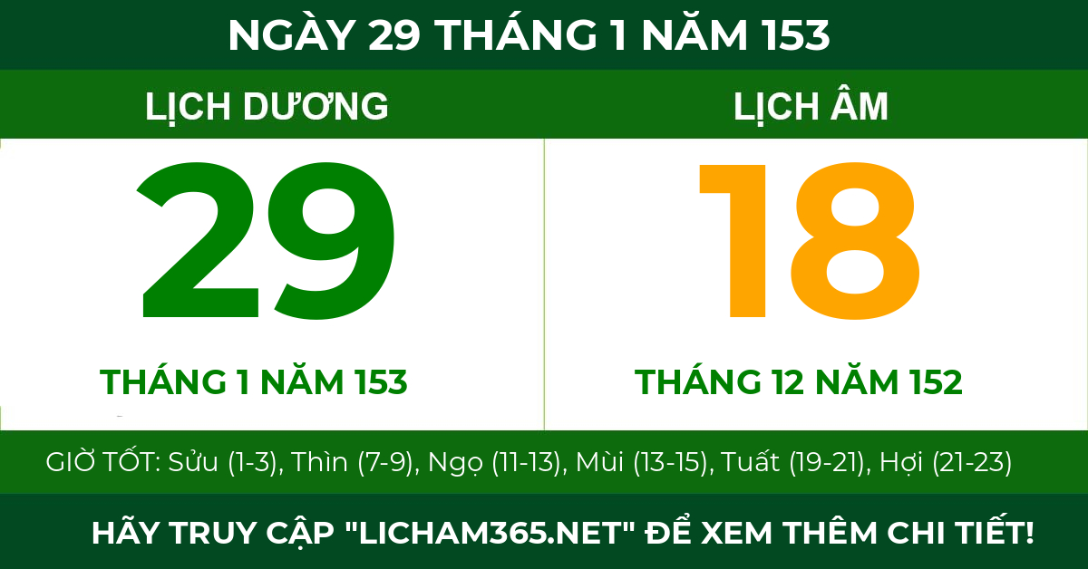 lịch âm ngày 29 tháng 1 năm 153