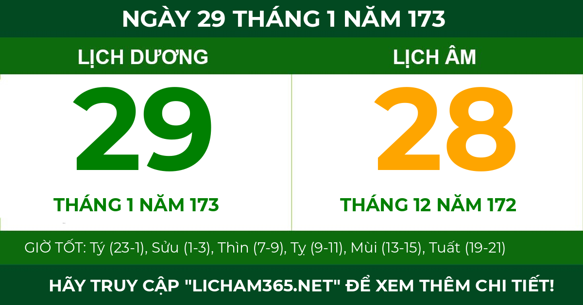 lịch âm ngày 29 tháng 1 năm 173