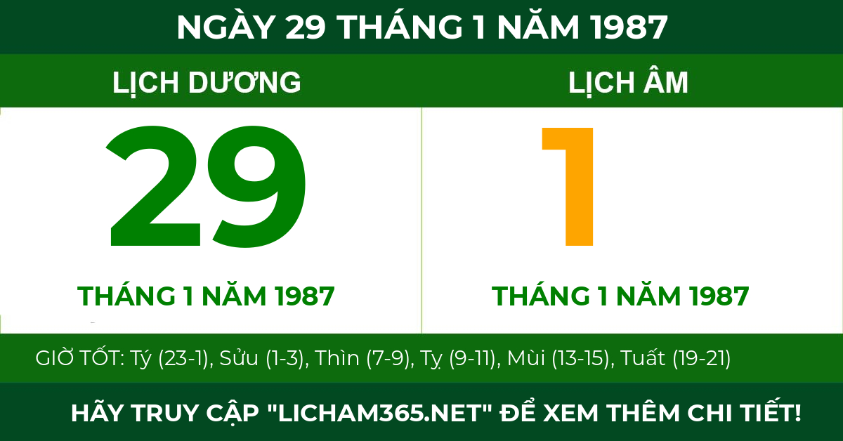 lịch âm ngày 29 tháng 1 năm 1987
