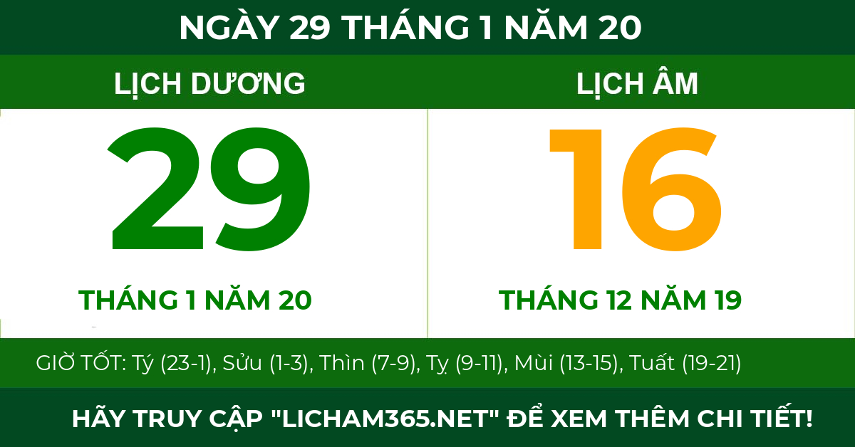 lịch âm ngày 29 tháng 1 năm 20