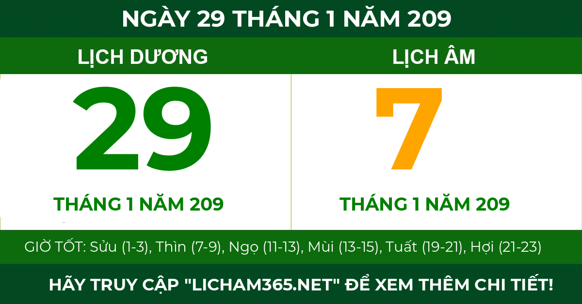 lịch âm ngày 29 tháng 1 năm 209