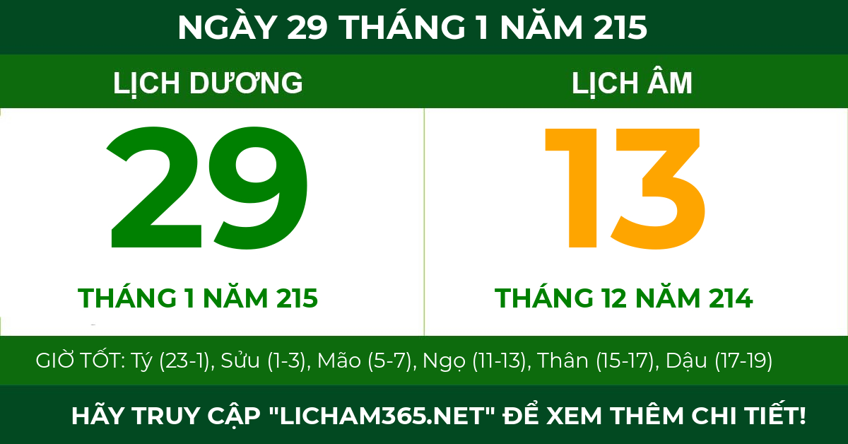 lịch âm ngày 29 tháng 1 năm 215