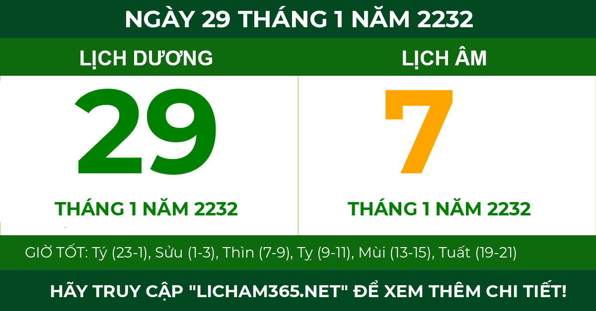 lịch âm ngày 29 tháng 1 năm 2232