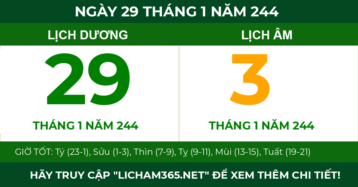 lịch âm ngày 29 tháng 1 năm 244