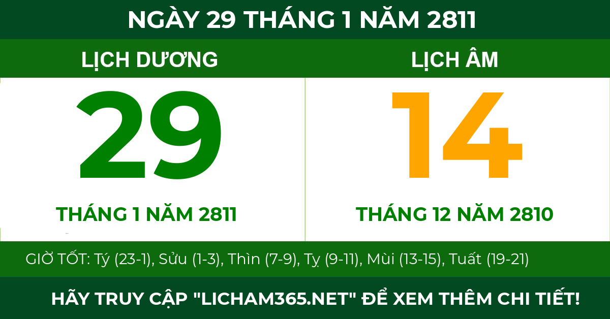 lịch âm ngày 29 tháng 1 năm 2811