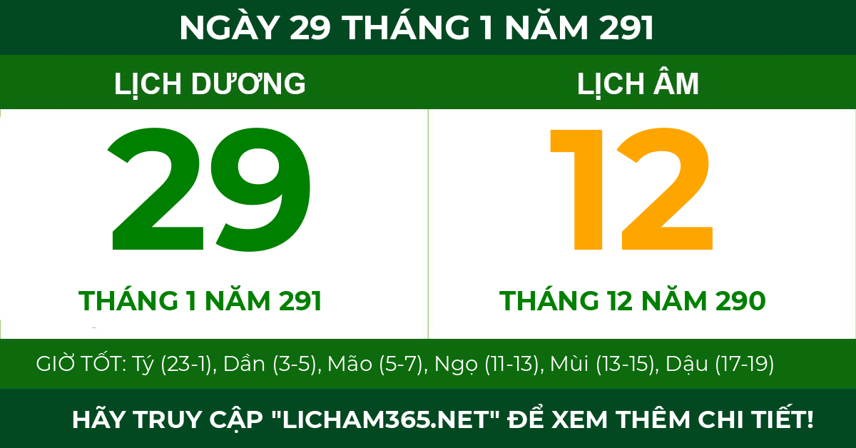 lịch âm ngày 29 tháng 1 năm 291