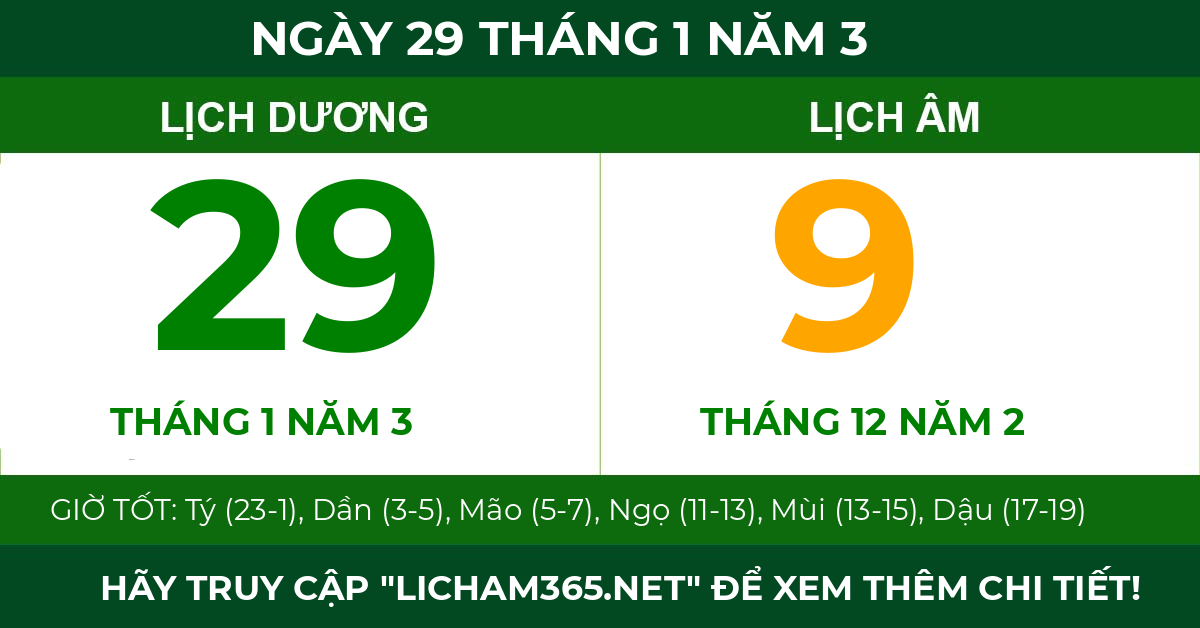 lịch âm ngày 29 tháng 1 năm 3