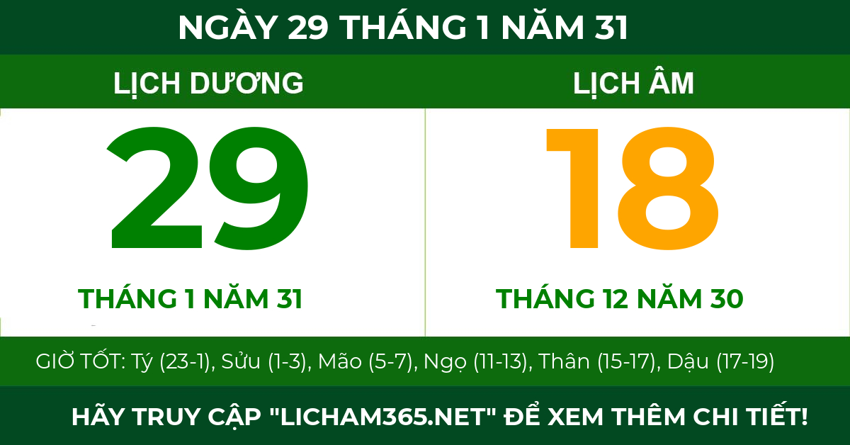 lịch âm ngày 29 tháng 1 năm 31