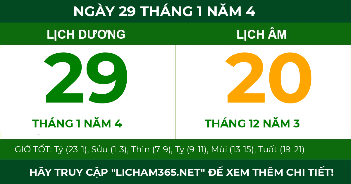 lịch âm ngày 29 tháng 1 năm 4
