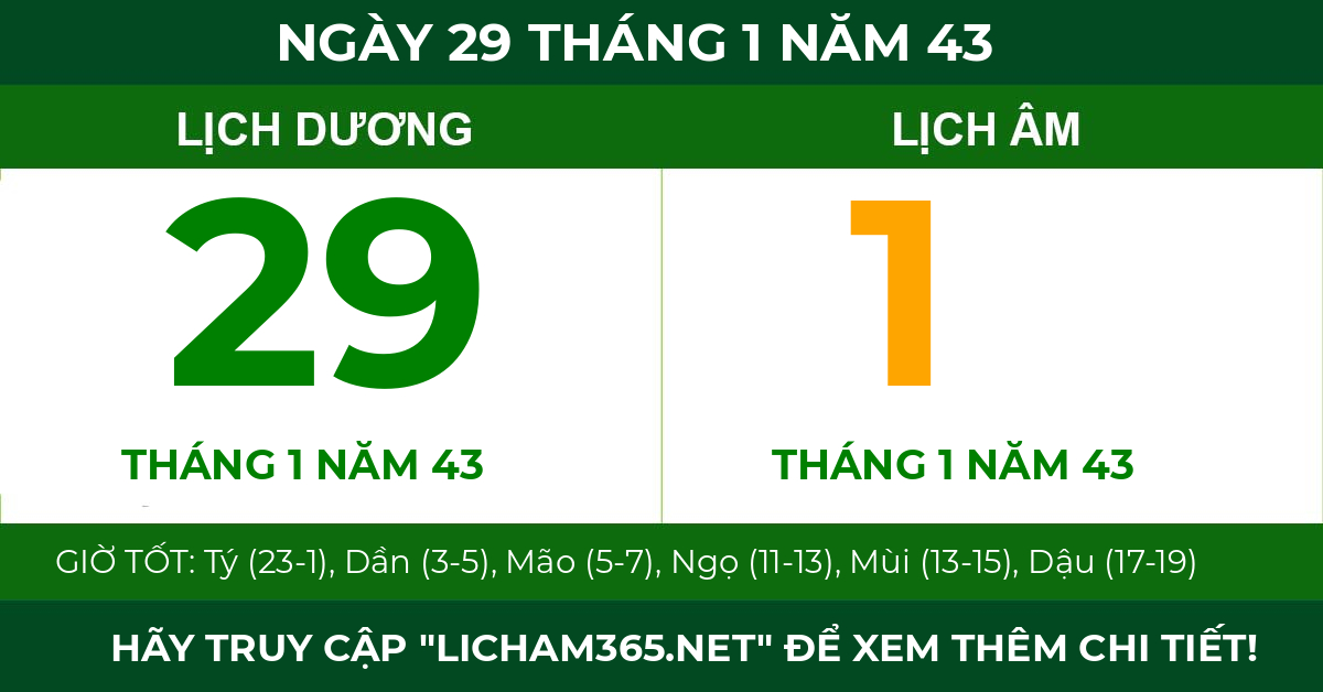 lịch âm ngày 29 tháng 1 năm 43