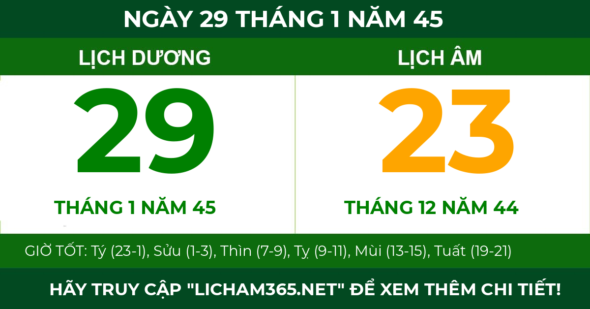 lịch âm ngày 29 tháng 1 năm 45
