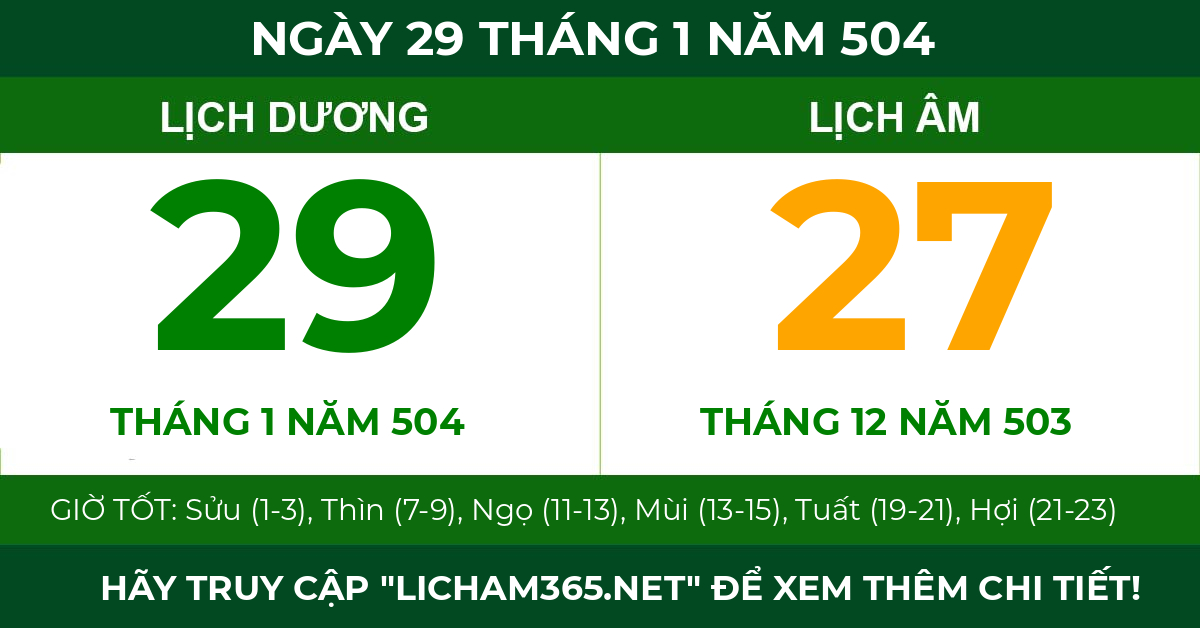 lịch âm ngày 29 tháng 1 năm 504