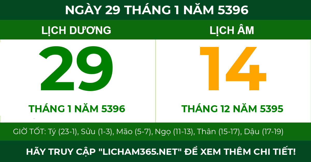 lịch âm ngày 29 tháng 1 năm 5396