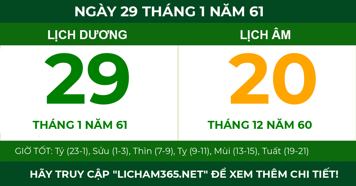 lịch âm ngày 29 tháng 1 năm 61