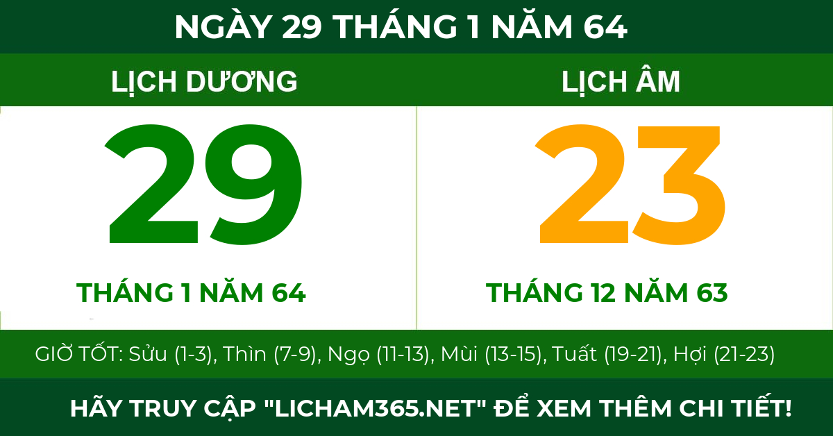 lịch âm ngày 29 tháng 1 năm 64