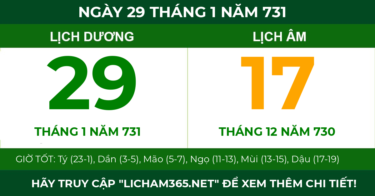 lịch âm ngày 29 tháng 1 năm 731