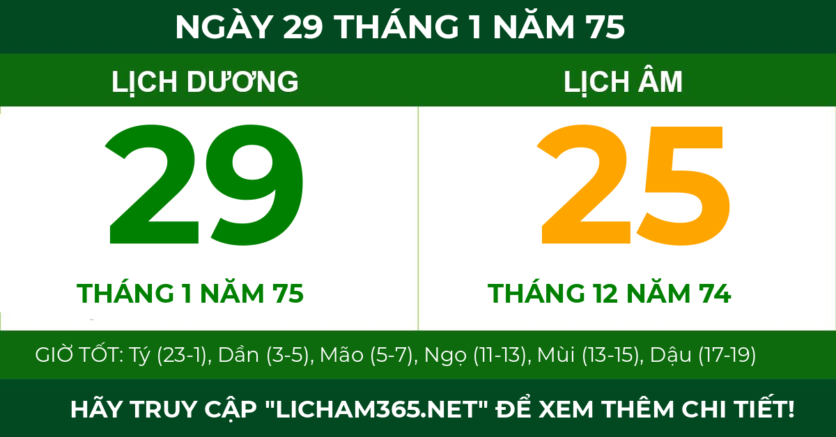 lịch âm ngày 29 tháng 1 năm 75
