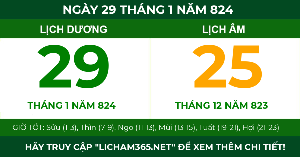 lịch âm ngày 29 tháng 1 năm 824