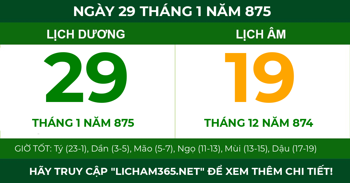 lịch âm ngày 29 tháng 1 năm 875