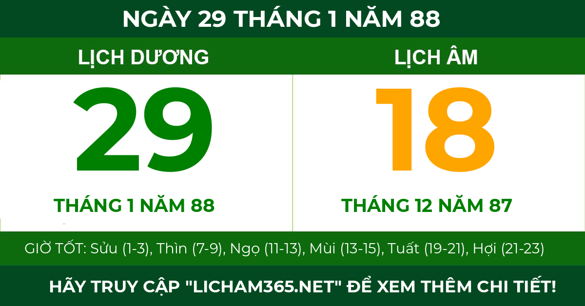 lịch âm ngày 29 tháng 1 năm 88