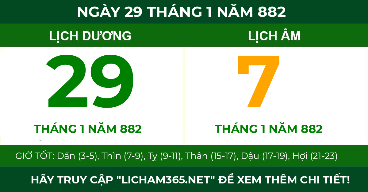 lịch âm ngày 29 tháng 1 năm 882