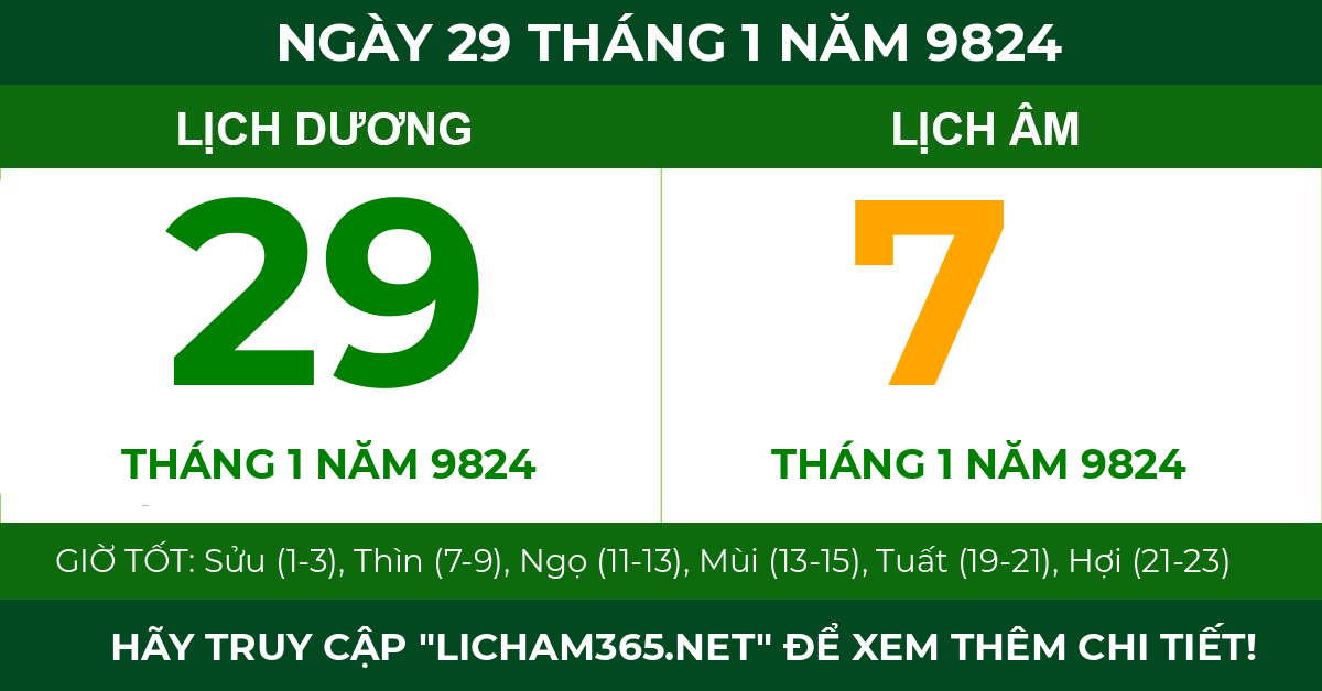 lịch âm ngày 29 tháng 1 năm 9824