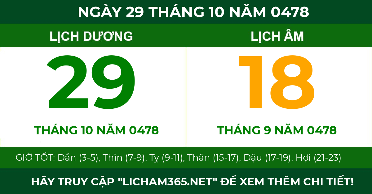 lịch âm ngày 29 tháng 10 năm 0478