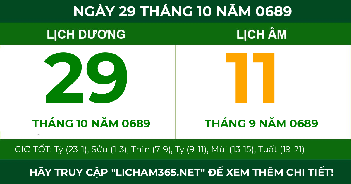 lịch âm ngày 29 tháng 10 năm 0689
